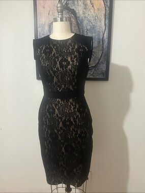 Adrianna Papell Black Lace Midi Dress with Nude Underlay